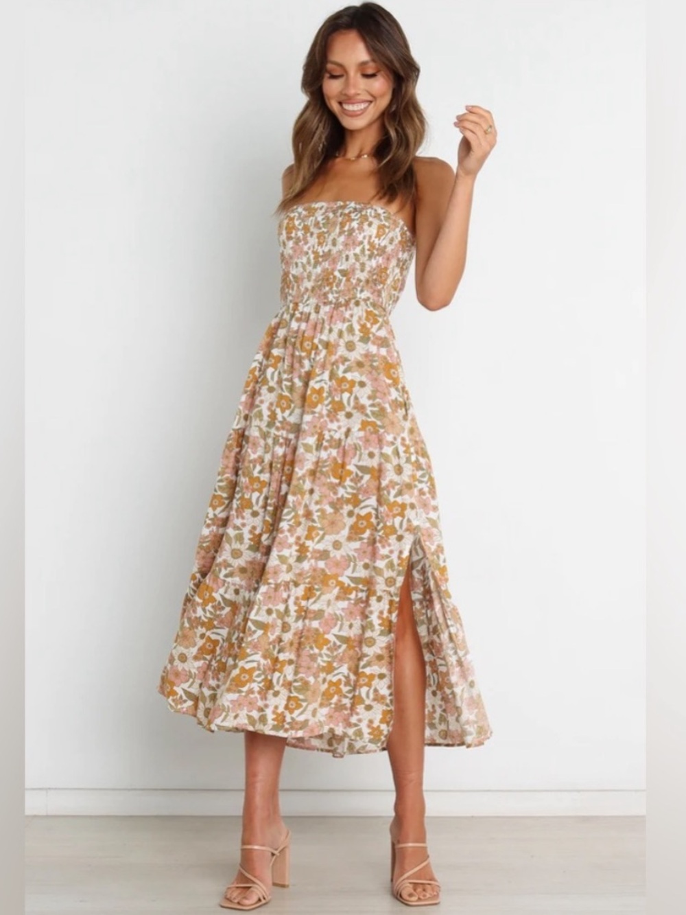 Petal & Pup Vivienne Floral Strapless Smocked Midi Dress in US 0 - Picture 2 of 6